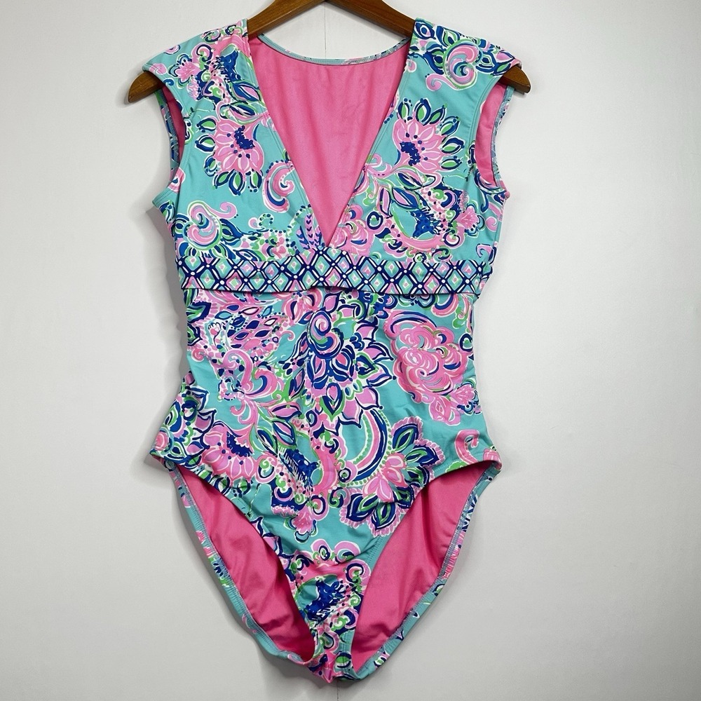 Lilly Pulitzer Imogen One Piece Size 6 Swimsuit Blue Horizon Jungle Sunrise Pink
